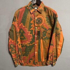 Terranova Mens Large Cotton Tribal Geometric Button Down Shirt Orange Green